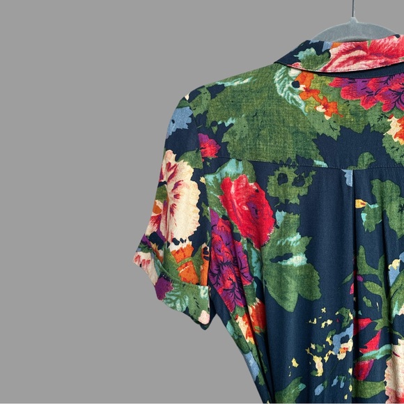 SEZANE Navy Red Floral Printed Button Down Belted Midi Shirt Dress Adele Dress - Picture 7 of 11